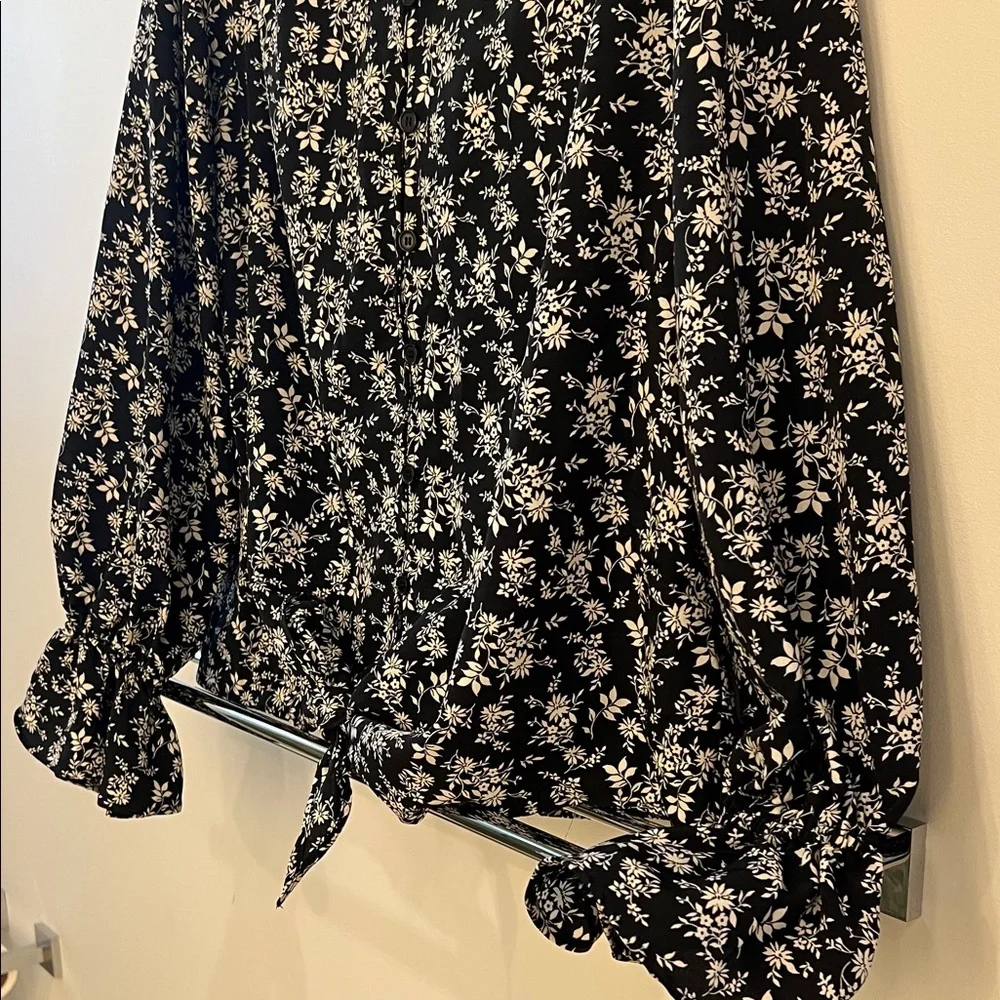 Black Floral Tie-Front Blouse with Ruffle Cuffs - Picture 6 of 6